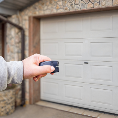 Concord security key fob pointing to a garage door