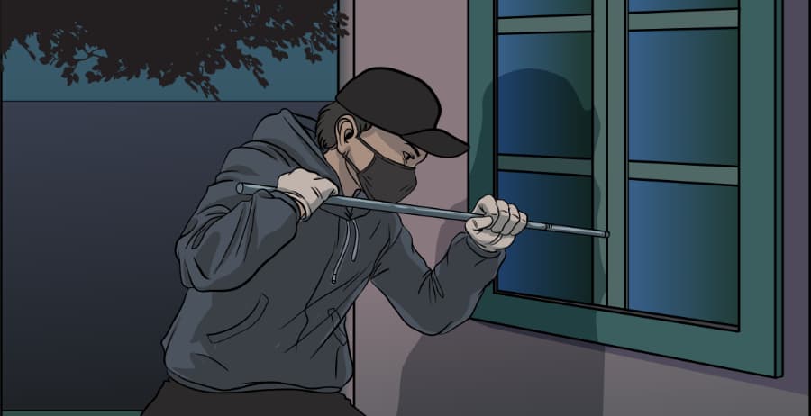 Illustration of burglar forcing entry through a window in Concord
